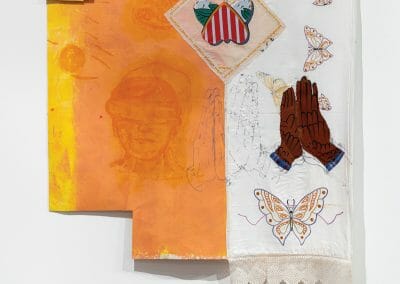 Julie Green, Blind Faith for Juan Rivera, ca. 2019, Acrylic on Tyvek, silk and glow-in-the dark thread, portion of Illinois state flag, acrylic and watercolor on found butterfly sampler, Copic marker, turmeric-dyed silk, and garam marsala, 44 × 41 inches