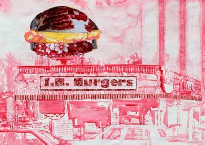 Julie Green, J.B. Burgers, 2021, Acrylic, cloth, thread, paper, 24K and glow-in-the-dark paint on Tyvek, 48 1/2 × 36 1/4 inches