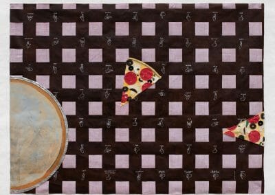 Julie Green, Pizza, Hands, 2020, Acrylic, palladium leaf, cotton, wool, green nylon from Illinois state flag, wax pencil, Tyvek, 38 × 48 1/4 inches