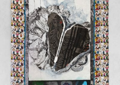 Julie Green, T-Bone Phone, 2020, Acrylic, palladium leaf, fabric and glow-in-the-dark paint on Tyvek, 48.75 x 36 inches