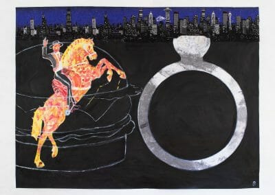 Julie Green, Burger, Vegas, and Fiancée, 2020, Acrylic, palladium leaf, fabric and glow-in-the-dark paint on Tyvek, 48.75 x 36 inches
